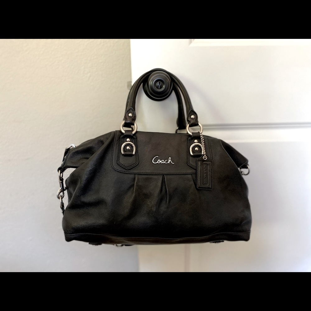 Black Leather Coach Shoulder Bag with Silver Metal